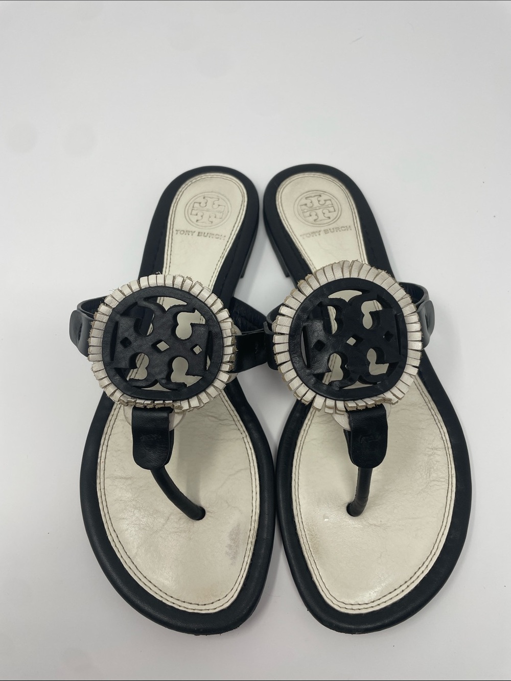 Tory Burch Miller Fringe Size 6.5 White Black Leather Sandals